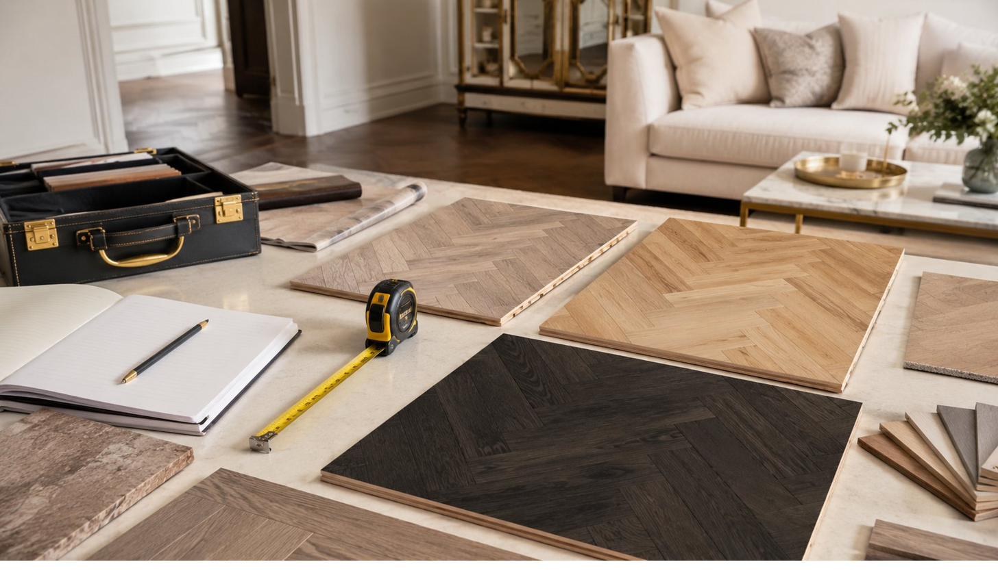 Herringbone sample boards and a sample case laid out in a home