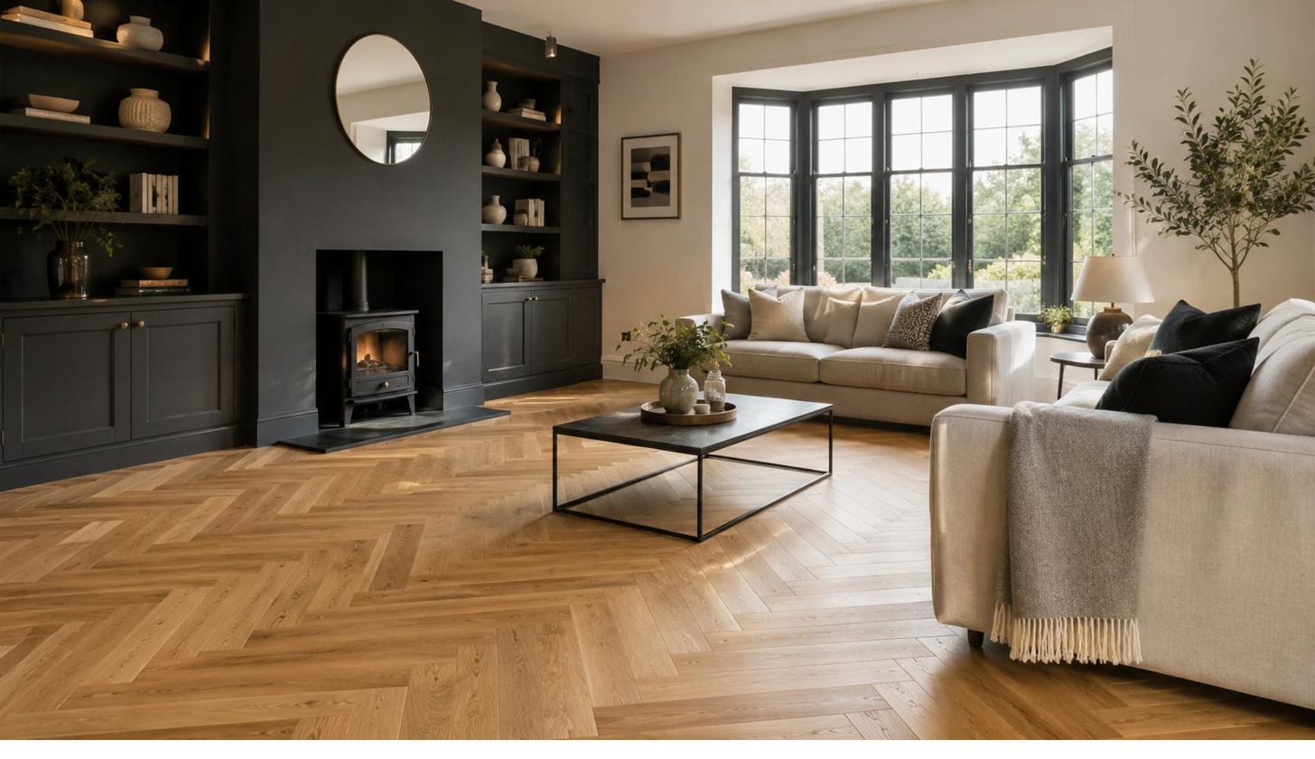Luxury natural oak herringbone flooring in a premium Sheffield living room